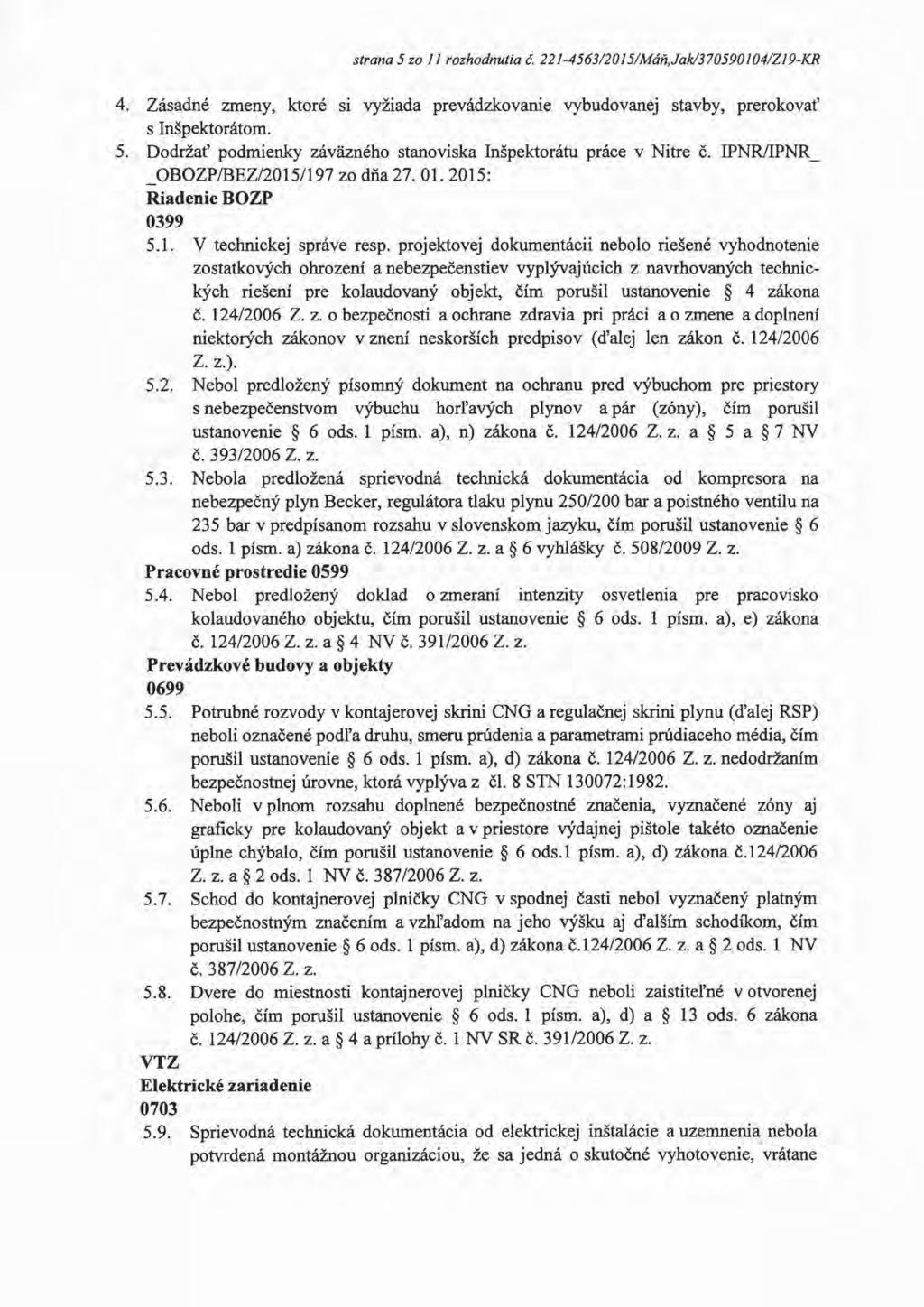 strana 5 zo 11 rozhodnutia é. 221-456312015/Máň,Jak/370590104/Zl 9-KR 4. Zásadné zmeny, ktoré si vyžiada prevádzkovanie vybudovanej stavby, prerokovať s Inšpektorátom. 5. Dodržať podmienky záväzného stanoviska Inšpektorátu práce v Nitre č.