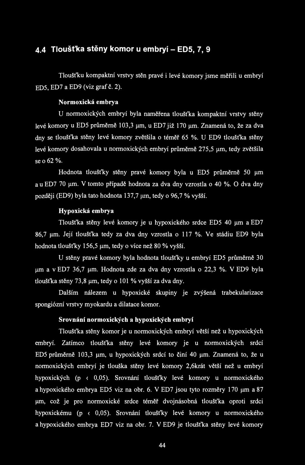 4.4 Tloušťka stěny komor u embryí - ED5, 7, 9 Tloušťku kompaktní vrstvy stěn pravé i levé komory jsme měřili u embryí ED5, ED7 a ED9 (viz graf č. 2).