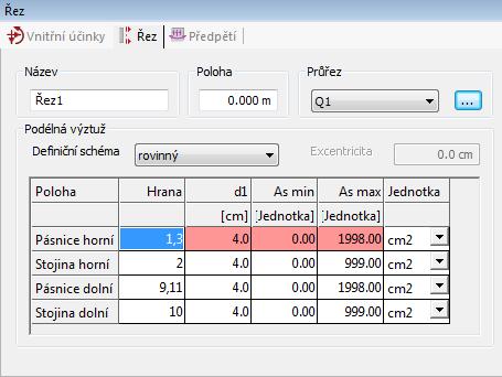 Příklad Zadání dat pro návrhový řez 2. Zadejte: - mezní průměry - krytí betonem - název návrhového řezu 3. Pro definici podélné výztuže použijeme zadávací schéma rovinný ohyb. 4.