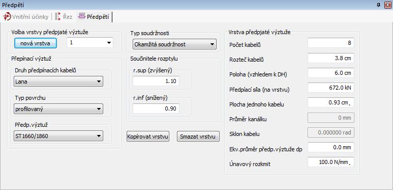 po odpočtu ztrát a vlivu DSR, 84 kn na 1 lano, tedy pro 8 lan = 8 x 84 = 672 kn - Plocha Ap 1 lana s okamžitou soudržností = 0,93 cm² 4.