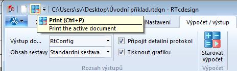 návrh v panelu menu (Ribbon bar) Výpočet /Výstup pomocí tlačítka Startovat výpočet. Alternativně můžete startovat výpočet přes tlačítko rychlé volby.
