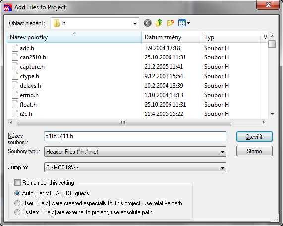 Oživení IDE MPLAB vložení headeru pro zvolený