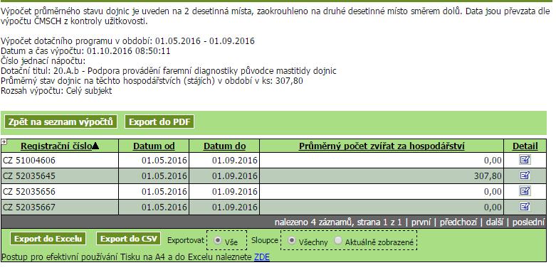 Náhled pro dotace pro dojnice ❶ Nejprve zkontrolujte hodnoty počtů zvířat a případně si proklikněte do detailu výpočtu, na kterém jsou zobrazeny měsíční stavy dle kontroly užitkovosti, případně denní