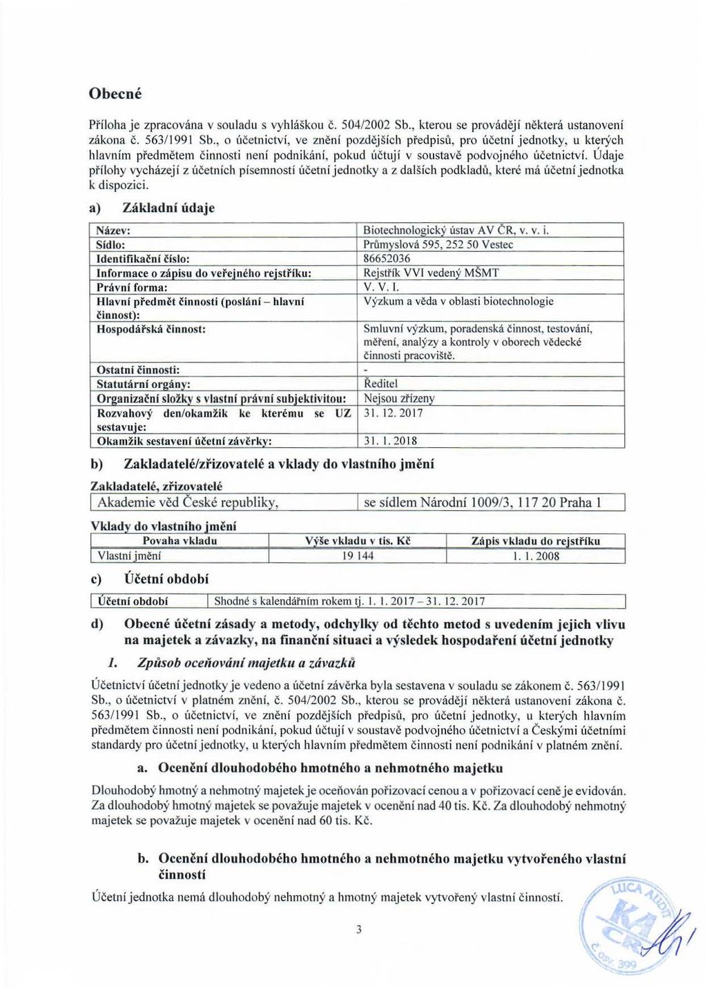 Obecné Příloha je zpracována v souladu s vyhláškou č. 504/2002 Sb., kterou se provádějí některá ustanovení zákona č. 563/1991 Sb.