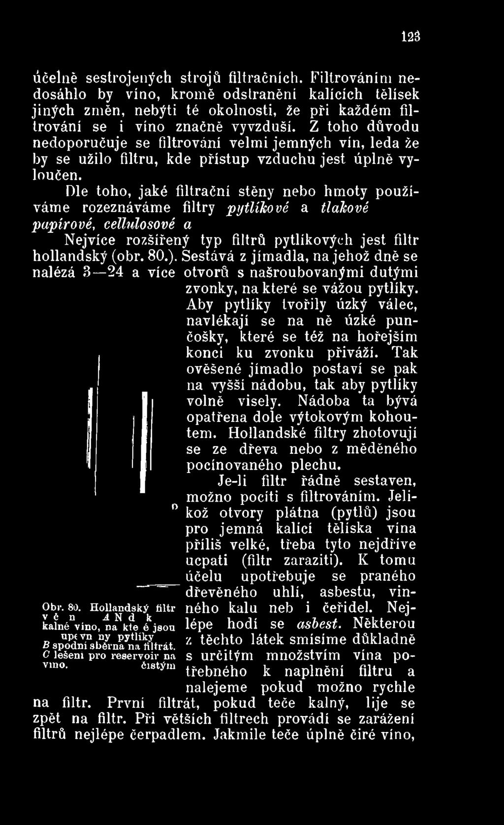 jest filtr hollandský (obr. 80.). Sestává z jímadla, na jehož dně se nalézá 3 24 a více otvorů s našroubovanými dutými zvonky, na které se vážou pytlíky.