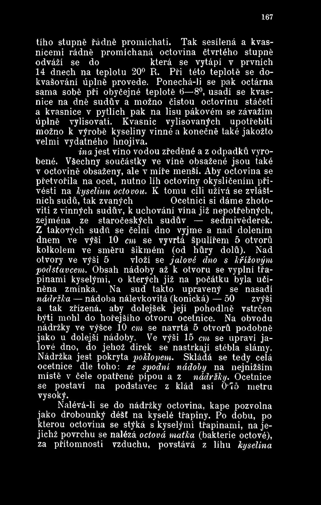 Ponechá-li se pak octárna sama sobě při obyčejné teplotě b 8, usadí se kvasnice na dně sudův a možno čistou octovinu stáčeti a kvasnice v pytlích pak na lisu pákovém se závažím úplně vylisovati.
