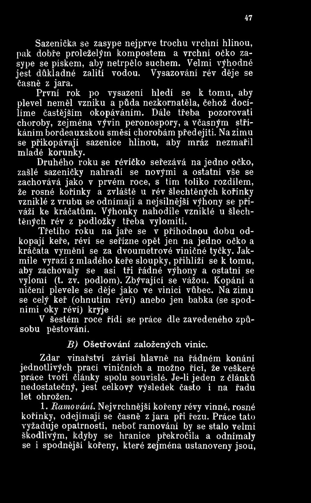 kořínky vzniklé z vrubu se odnímají a nejsilnější výhony se přiváží ke kráčatům. Výhonky nahodile vzniklé u šlechtěných rév z podložky třeba vylomiti.