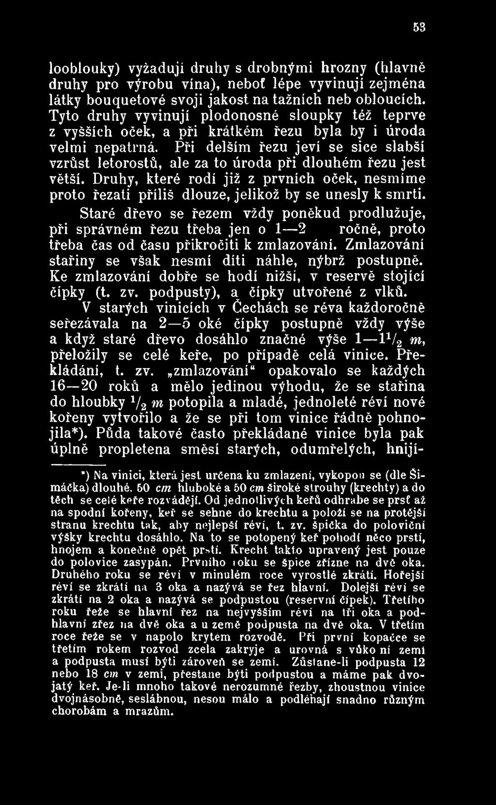 Staré dřevo se řezem vždy poněkud prodlužuje, při správném řezu třeba jen o 1 2 ročně, proto třeba čas od času přikročiti k zmlazování. Zmlazování stařiny se však nesmí díti náhle, nýbrž postupně.