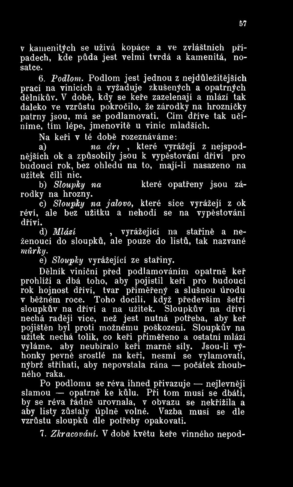 b) Sloupky na užitek,které opatřeny js rodky na hrozny. c) Sloupky na jalovo, které sice vyrážejí z ok réví, ale bez užitku a nehodí se na vypěstování dříví.