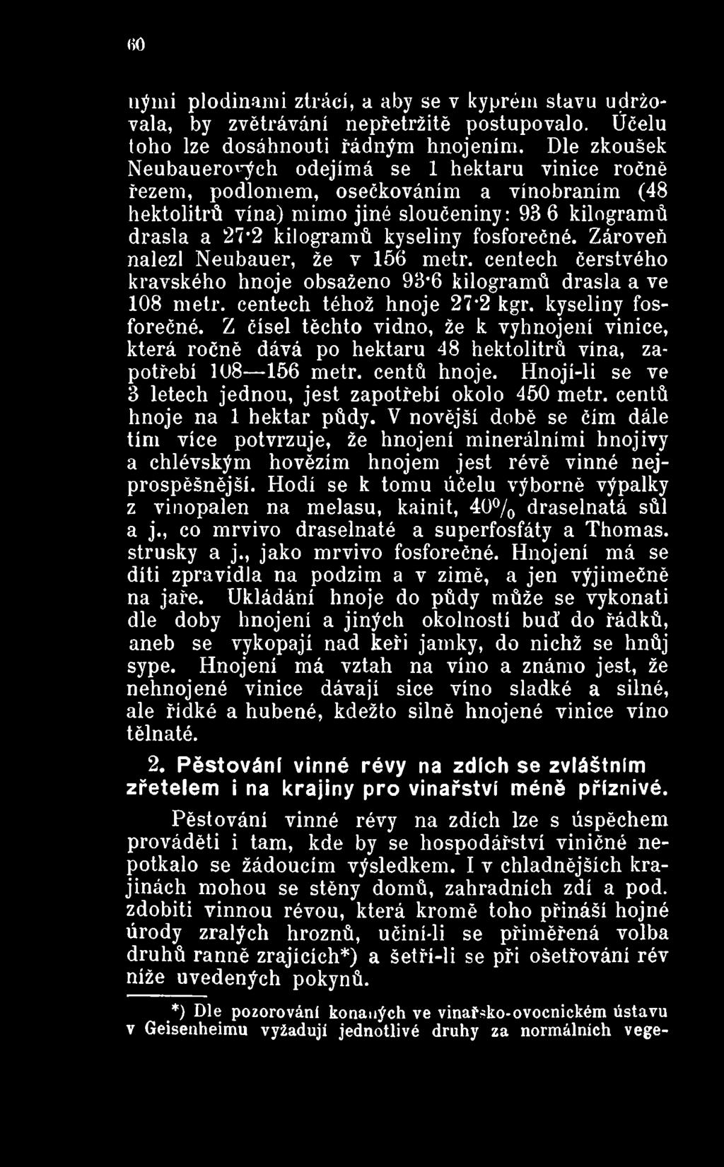 fosforečné. Zároveň nalezl Neubauer, že v 156 metr. centech čerstvého kravského hnoje obsaženo 93 6 kilogramů drasla a ve 108 metr. centech téhož hnoje 27'2 kgr. kyseliny fosforečné.