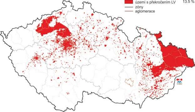 Obr. 23 Vyznačení oblastí s překročenými imisními limity pro ochranu zdraví se zahrnutím přízemního ozonu, 2014