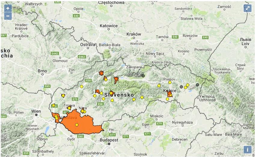 Zobrazenie dotknutých miest, obcí a oblastí na území SR pre PM10 : Čierna farba nie je prekročený denný limit, Žltá farba