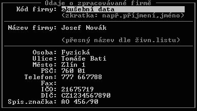 Nyní tedy stiskněte sklávesu ESC a program přejde z menu evidencí do Hlavního menu. Zde najeďte pomocí kurzorových kláves na položku Ovládací panel a stiskněte ENTER. Zábrazí se následující nabídka.