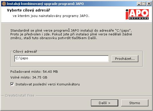 Potvrďte jej klepnutím na tlačítko DALŠÍ: Zobrazí se další okno, ve kterém máte možnost měnit Cílový adresář instalace. Automaticky je předvolen adresář C:\JAPO.