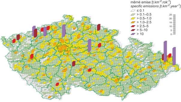 Obr. 103 Emisní hustoty PM 10 ze čtverců 5 x 5 km, Česká republika, 2014