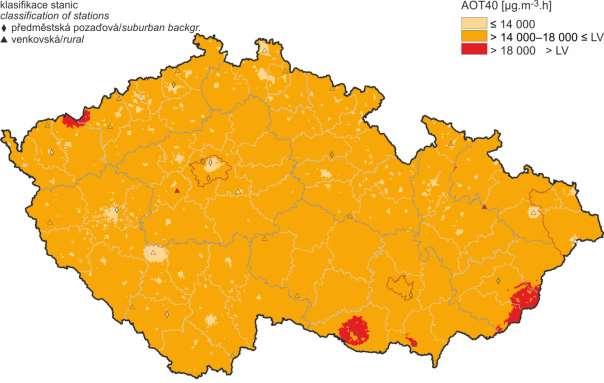 Obr. 165 Pole expozičního indexu AOT40, průměr za 5 let,