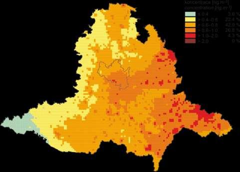Z mapy na Obr. 209 vyplývá, že imisní limit pro průměrnou roční koncentraci benzo[a]pyrenu je dlouhodobě překračován na více než 15 % území ČR.
