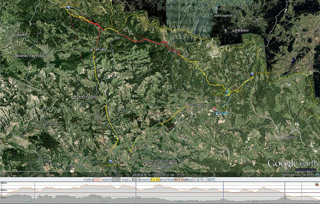 Po startu na Černé Hoře obletěl FAI trojúhelník v délce 116 km, přičemž ulétl celkem 255 km Skutečná trať letu Výškový