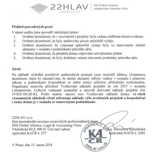Celá dotace byla auditována firmou 22HLAV s.r.o. Závěrečnou zprávu a vyúčtování jsme Ministerstvu kultury ČR předložili dne 31.