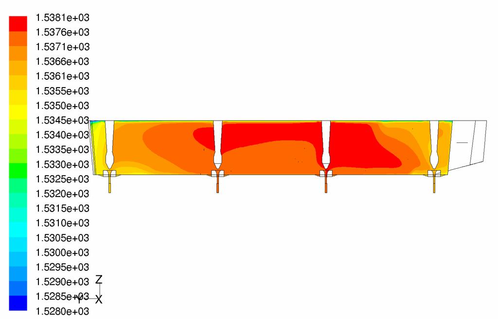 Obr. 4. Vybrané řezy teplotním polem pro variantu BOpt (horní řádek) a BOptDL (spodní řádek) Fig. 4. Selected temperature profiles for designs BOpt (upper row) and BOptDL (lower row) 4.