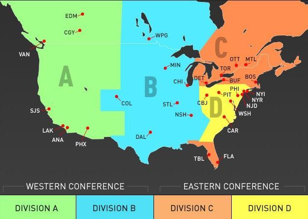 Geografická poloha týmů a její výhodnost je zobrazena na Obr. 1 níže. Obr. 1 - Rozdělení klubů v soutěži NHL Zdroj: NHL.com, 2013 Týmy nejdříve odehrají 82 utkání základní části.
