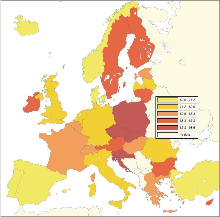 Obr. 17: Podíl osob s alespoň středoškolským vzděláním v populaci mladých ve věku 20 24 let v roce 2011 Pramen: Eurostat, Persons of the age 20 to 24 having completed at least upper secondary
