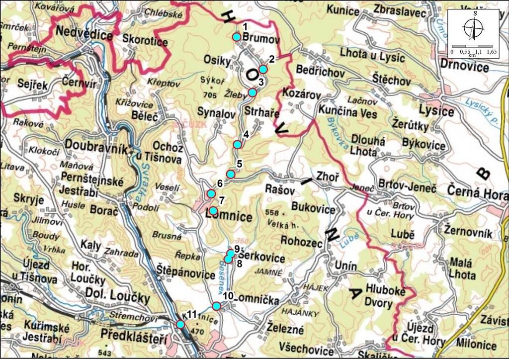 Obr. 4-12. Situace profilů na potoce Besének Tab. 4-3. Hydrometrické měření potoka Besének 17. 6. 2014 Profil č.
