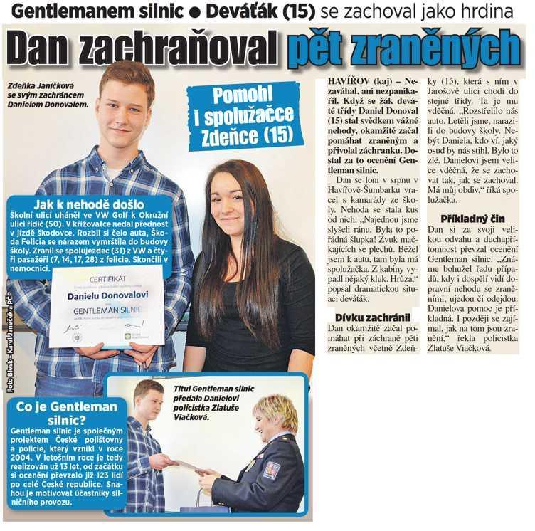 Odvážný přístup mladého hrdiny ocenila Česká pojišťovna
