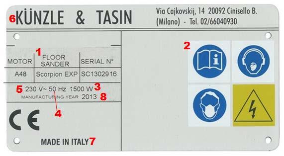 Úvod Štítek s informacemi o zařízení Na štítku s informacemi o zařízení naleznete tato data: 1. Model zařízení 2. Bezpečnostní symboly 3. Výkon motoru 4. Frekvence 5. Síťové napětí 6.