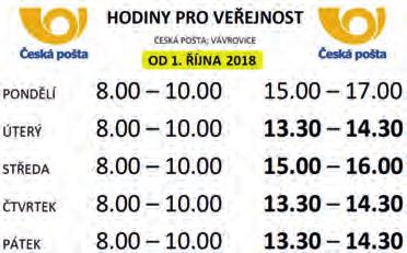 popelnici na bioodpad NOVÁ PROVOZNÍ DOBA POŠTY Upozorňujeme občany, že pobočka České pošty ve Vávrovicích bude mít z důvodu racionalizace provozu od 1. října 2018 novou provozní dobu.