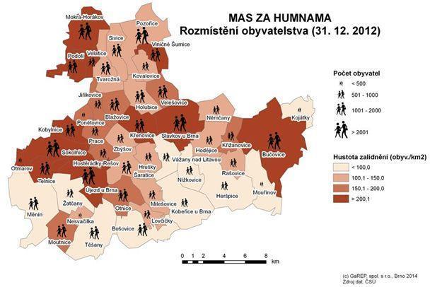 Obr. 4: Počet obyvatel a hustota zalidnění v obcích MAS Slavkovské bojiště (dříve