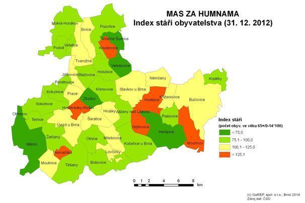 Věkové poměry v území vyjadřuje index stáří, tedy poměr mezi počtem obyvatel ve věku 65 a více let na počet osob ve věku 0 14 let.