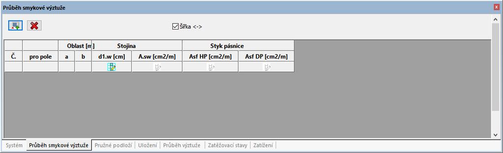 Lze vkládat další nové průběhy podélného vyztužení. Existující průběhy vyztužení mohou být upravovány a mazány.