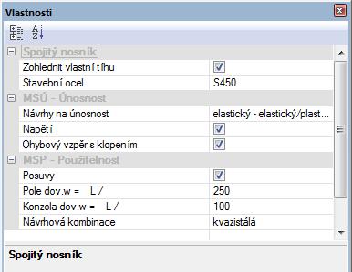 Základní principy Panel vlastností (oblast G) 1.8.2 Ocelový nosník Panel vlastností obsahuje parametry posouzení na MSÚ a MSP. Nejprve se volí, zda se má posouzení na MS únosnosti provést.