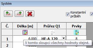 Úvodní příklad Ocel Zatížení Vzhledem k tomu, že všechna pole mají stejnou rozteč, aktivujeme přepínač V tomto sloupci všechny hodnoty stejné a zadáme délku prvního pole 6 m. 4.2.