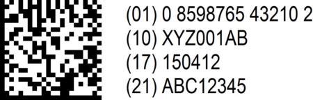 Význam standardního datového nosiče Interpretace bez funkčního znaku 1 (FNC1) a AI: 08598765432102XYZ001AB150412ABC12345 Interpretace s FNC1 a AI: 010859876543210210XYZ001AB1715041221ABC12 345 21