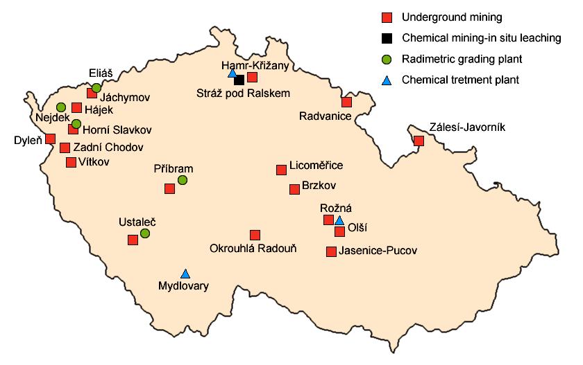 Přehled exploatace jednotlivých ložisek uranu Stráž pod Ralskem loužení in situ 15,1% Hamr 10,3% Jáchymov 6,2% Horní Slavkov 2,2% těžební oblast Příbram 1949-1992 1952 - dosud Rožná, západní Morava