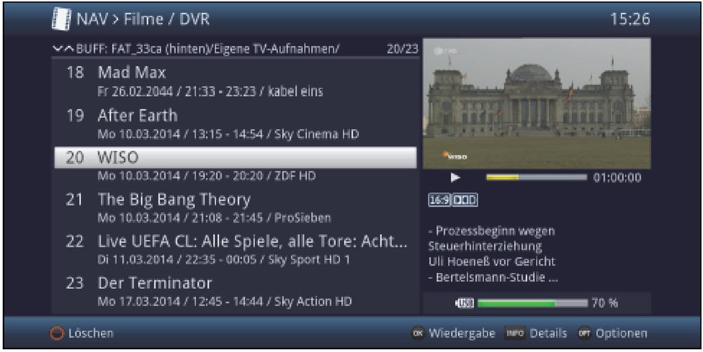 11.1.1 Informace o záznamu DVR > Stiskem tlačítka Info se zobrazí, pokud existují, další informace k označenému záznamu DVR ve velkém náhledu.