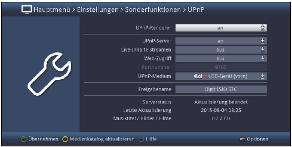 8.8.4 UPnP Pomocí této funkce můžete s UPnP podporujícími přístroji, které se nacházejí ve stejné síti jako Váš DVB přijímač, přes UPnP server DVB přijímače, zpřístupnit filmy, obrázky a hudební
