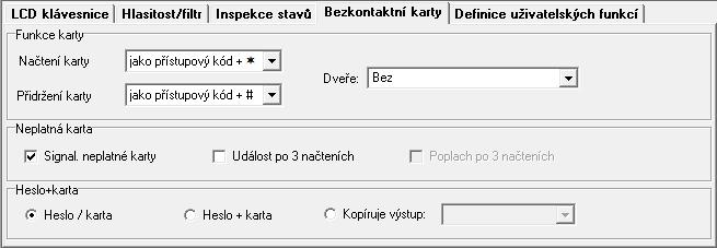 SATEL INT-KWRL 13 Obr. 9. DLOADX program: nastavení klávesnice uložené v ústředně záložka Bezkontaktní karty. Heslo+karta Heslo/karta uživatel může použít kód nebo kartu pro autorizaci.