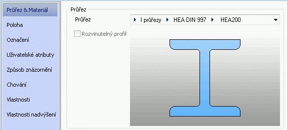 Otevře se dialog Nosník. Nejdříve vyberte průřez (HEA) a následně vyberte velikost (HEA 200).