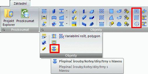 Šrouby, Kotvy, Díry, Trny s hlavou Pole šroubů/otvorů a spřahovacích trnů lze vytvořit v jakékoliv rovině a je závislé na aktuálním souřadnicovém systému.