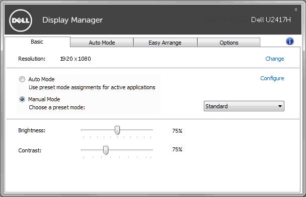 Nastavení základních funkcí zobrazení Na záložce Basic (Základní) lze ručně vybrat přednastavený režim pro příslušný monitor. Alternativně lze aktivovat funkci Auto Mode (Automatický režim).