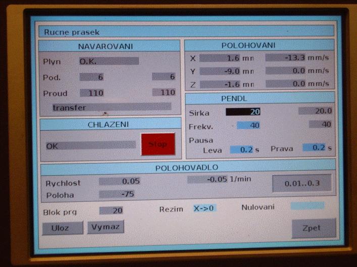 Obr. 4.1 Monitor řídícího panelu navařovacího automatu PPC 250 PTM během navařování zkušebního návaru. Obr. 4.2 Provedený zkušební návar pro ověření funkcí stroje. 4.2 Navařování zkušebního vzorku č.