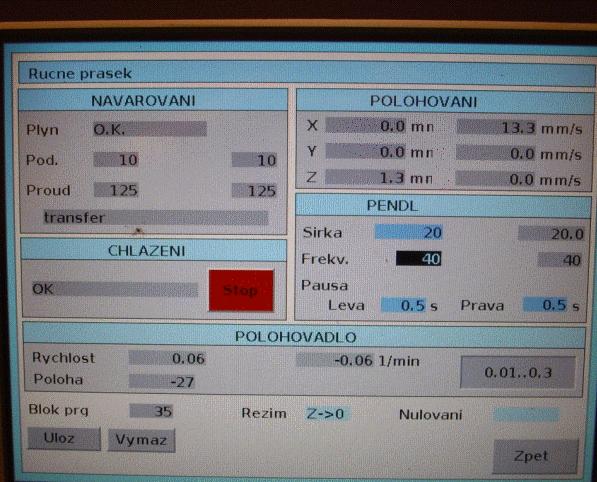 Příloha č. 4 pro zkušební těleso č. 2 takto: Velikost proudu byla zvýšena na 125 A, prodlevy v úvratích zvýšeny na 0,5 s. Ostatní hodnoty parametrů zůstaly zachovány.