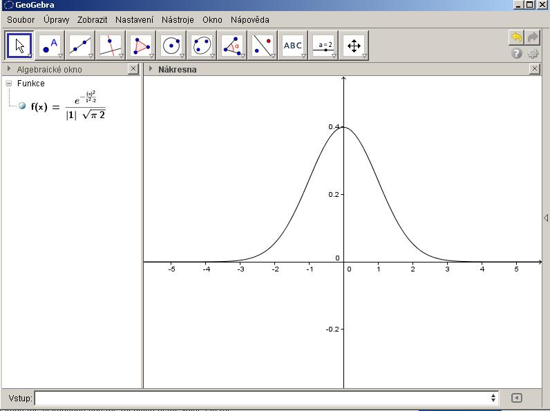 3µ 2014 Workshop: Využití GeoGebry ve výuce matematiky a geometrie Příklad 7: Normované normální rozdělení Zadání: Zakreslete graf funkce hustoty a určete hodnoty distribuční funkce normovaného