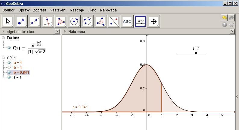 Nyní můžeme začít počítat hodnoty distribuční funkce, což není nic jiného než obsah plochy do zvolené hodnoty. 10. Do vstupu zadáme výpočet integrálu do naší zvolené hodnoty.