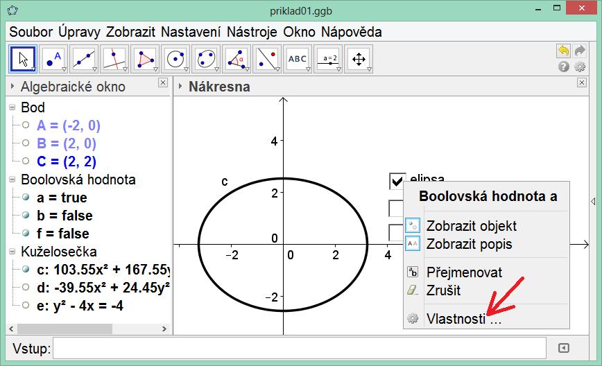 Podobně sestrojíme hyperbolu d: klikneme na již existující body A,B,C. 3. Parabolu sestojíme kliknutím na bod B a osu y. 4. Z panelu vybereme nástroj Zaškrtávácí políčko a klikneme do nákresny.