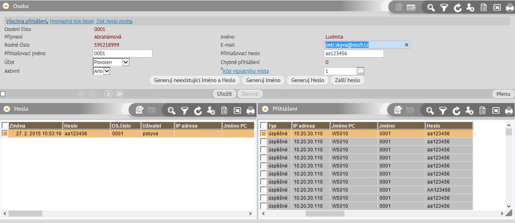 3.7 Nastavení přihlašovacího jména a hesla osoby: Zobrazuje všechny osoby zadané v PAM (mimo uchazeče).