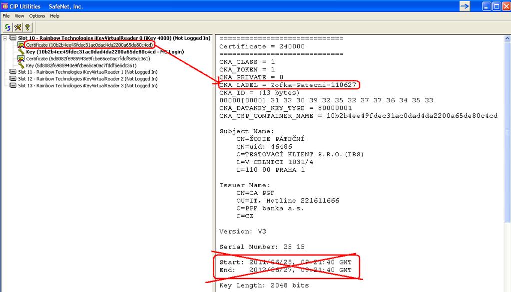 Při mazání neplatného Certifikátu se vždy řiďte jeho názvem (pole CKA LABEL), nikoli údaji o platnosti Certifikátu (pole Start a End) tyto údaje se odvíjí od data vygenerování